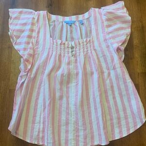 Draper James top Large Pink White Stripes Linen cotton blend square neck smocked